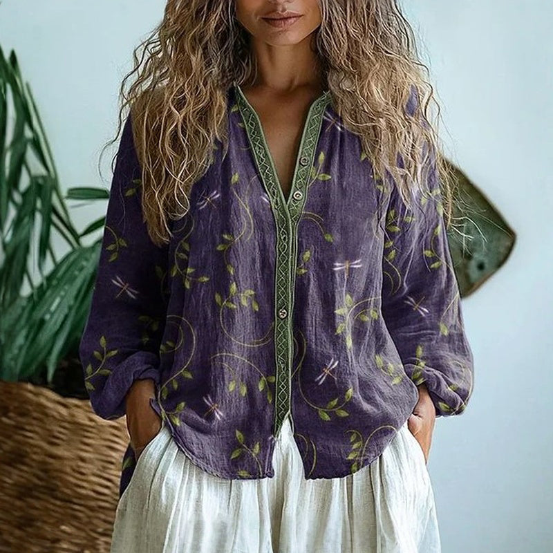 Anna™ I Vintage Blouse met Bladerenprint