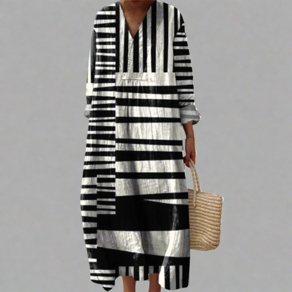 Lydia™ |  Vloeiende maxi-jurk met monochrome strepen