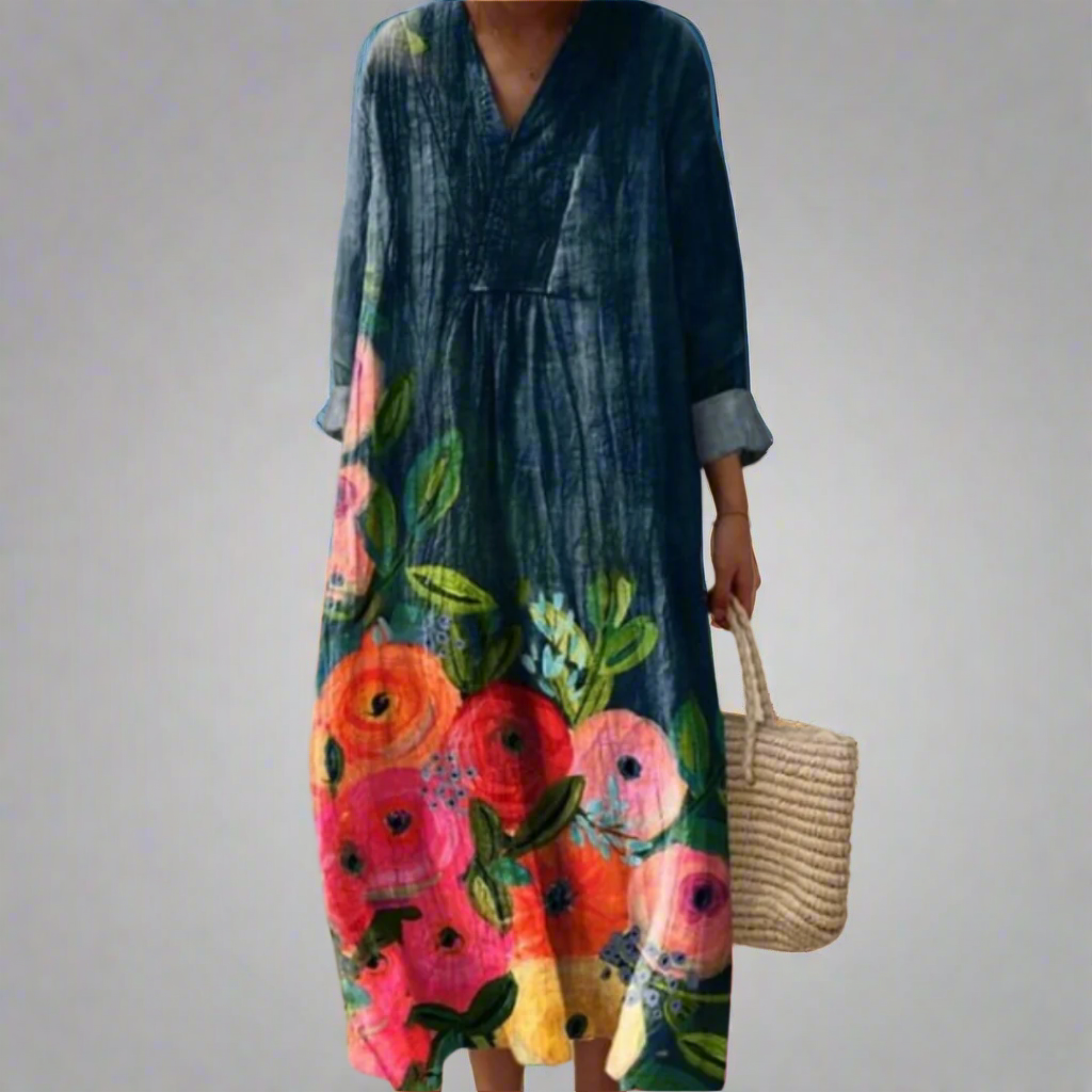 Poppy™ | Aquarelbloemen katoenen maxi-jurk