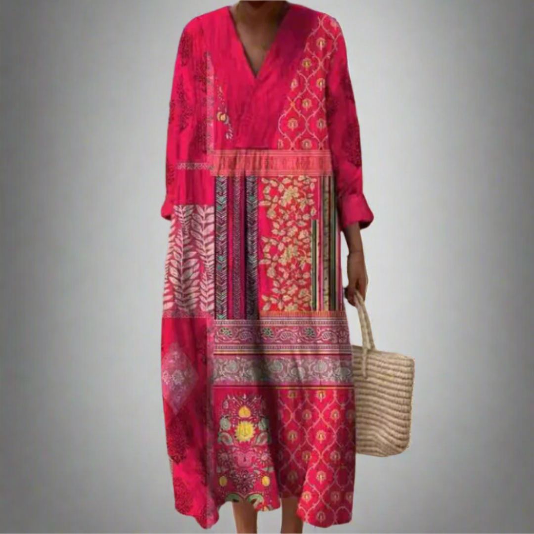 Maisie™ | Boho midi-jurk met patchwork en lange mouwen