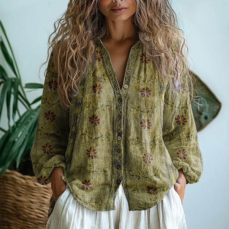 Anna™ I Vintage Blouse met Bladerenprint