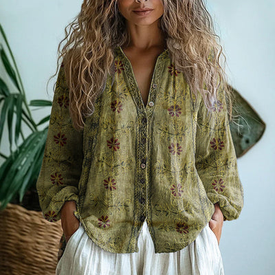 Anna™ I Vintage Blouse met Bladerenprint